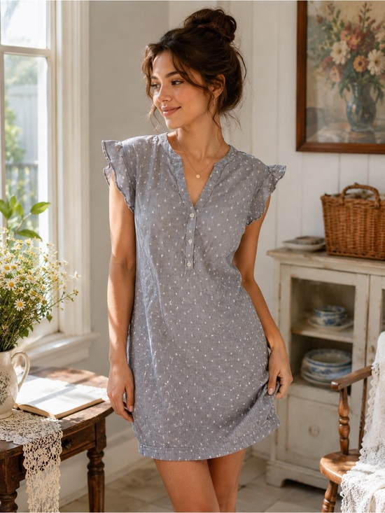 Old Navy Dresses & Skirts - Old Navy Petite Gray Stripe Swiss Dot Flutter Sleeve Dress L Petite